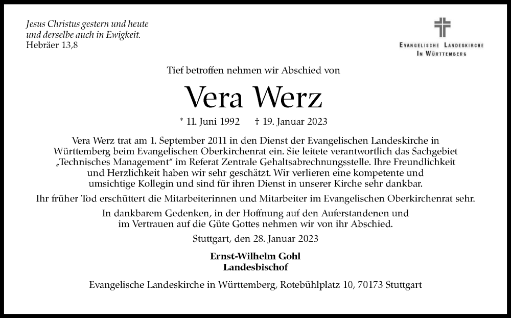  Traueranzeige für Vera Werz vom 28.01.2023 aus Stuttgarter Zeitung / Stuttgarter Nachrichten