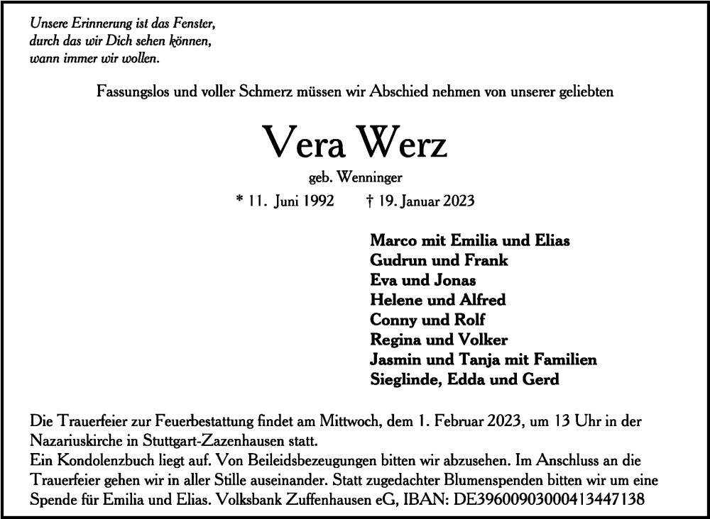  Traueranzeige für Vera Werz vom 26.01.2023 aus Stuttgarter Zeitung / Stuttgarter Nachrichten
