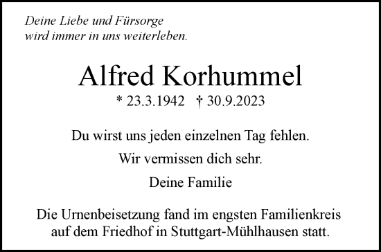 Traueranzeige von Alfred Korhummel von Stuttgarter Zeitung / Stuttgarter Nachrichten