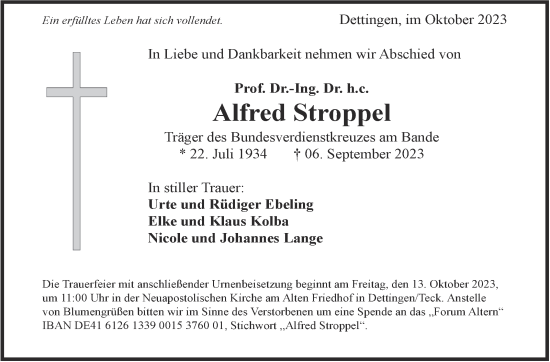 Traueranzeige von Alfred Stroppel von Stuttgarter Zeitung / Stuttgarter Nachrichten