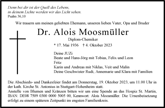 Traueranzeige von Alois Moosmüller von Stuttgarter Zeitung / Stuttgarter Nachrichten