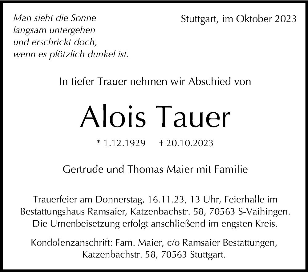  Traueranzeige für Alois Tauer vom 28.10.2023 aus Stuttgarter Zeitung / Stuttgarter Nachrichten