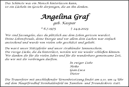 Traueranzeige von Angelina Graf von Stuttgarter Zeitung / Stuttgarter Nachrichten