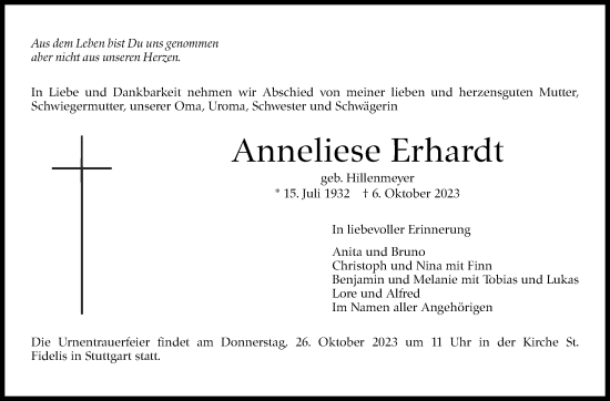 Traueranzeige von Anneliese Erhardt von Stuttgarter Zeitung / Stuttgarter Nachrichten