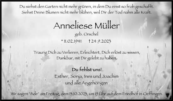 Traueranzeige von Anneliese Müller von Stuttgarter Zeitung / Stuttgarter Nachrichten