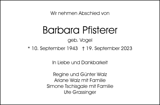 Traueranzeige von Barbara Pfisterer von Stuttgarter Zeitung / Stuttgarter Nachrichten