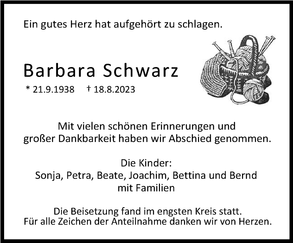  Traueranzeige für Barbara Schwarz vom 06.10.2023 aus Stuttgarter Zeitung / Stuttgarter Nachrichten