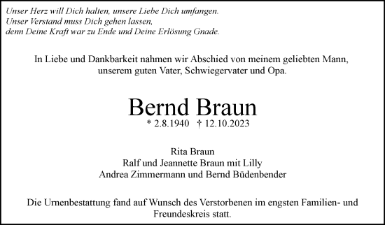 Traueranzeige von Bernd Braun von Stuttgarter Zeitung / Stuttgarter Nachrichten
