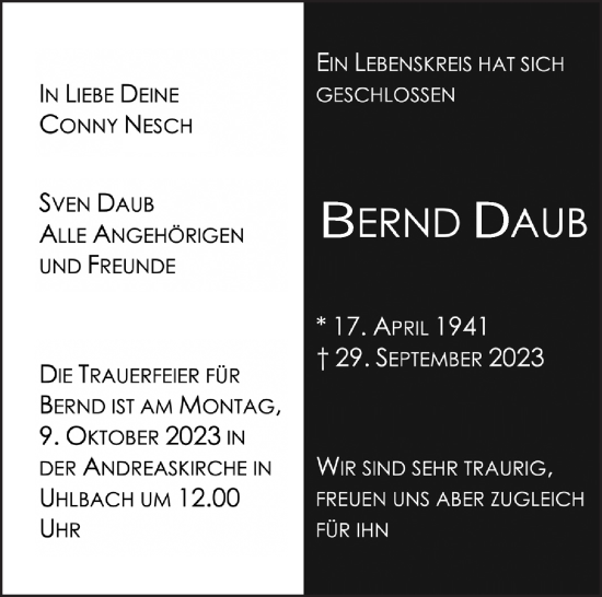 Traueranzeige von Bernd Daub von Stuttgarter Zeitung / Stuttgarter Nachrichten