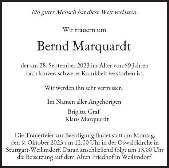 Traueranzeige von Bernd Marquardt von Stuttgarter Zeitung / Stuttgarter Nachrichten