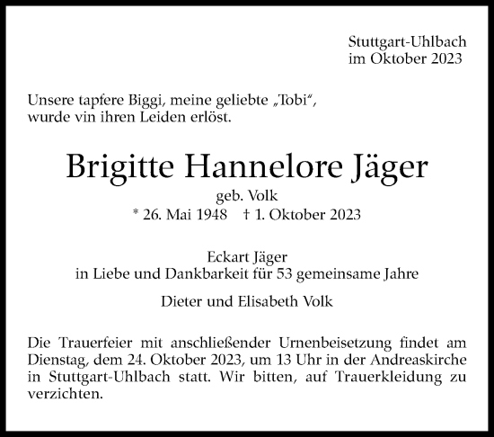 Traueranzeige von Brigitte Hannelore Jäger von Stuttgarter Zeitung / Stuttgarter Nachrichten