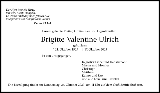 Traueranzeige von Brigitte Valentinetine Ulrich von Stuttgarter Zeitung / Stuttgarter Nachrichten
