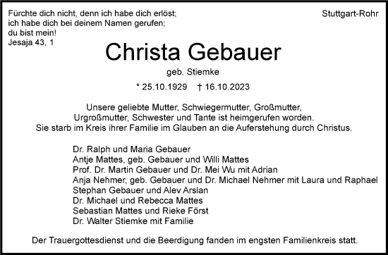 Traueranzeige von Christa Gebauer von Stuttgarter Zeitung / Stuttgarter Nachrichten