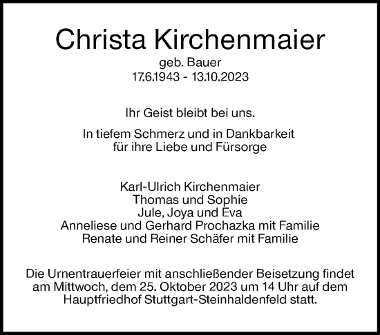 Traueranzeige von Christa Kirchenmaier von Stuttgarter Zeitung / Stuttgarter Nachrichten