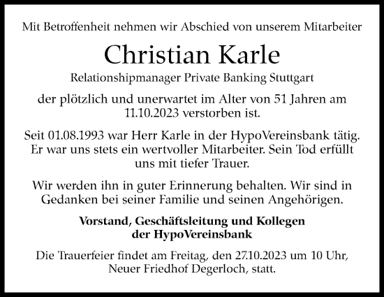 Traueranzeige von Christian Karle von Stuttgarter Zeitung / Stuttgarter Nachrichten