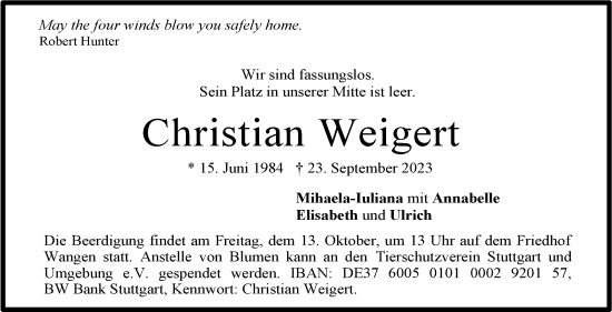 Traueranzeige von Christian Weigert von Stuttgarter Zeitung / Stuttgarter Nachrichten