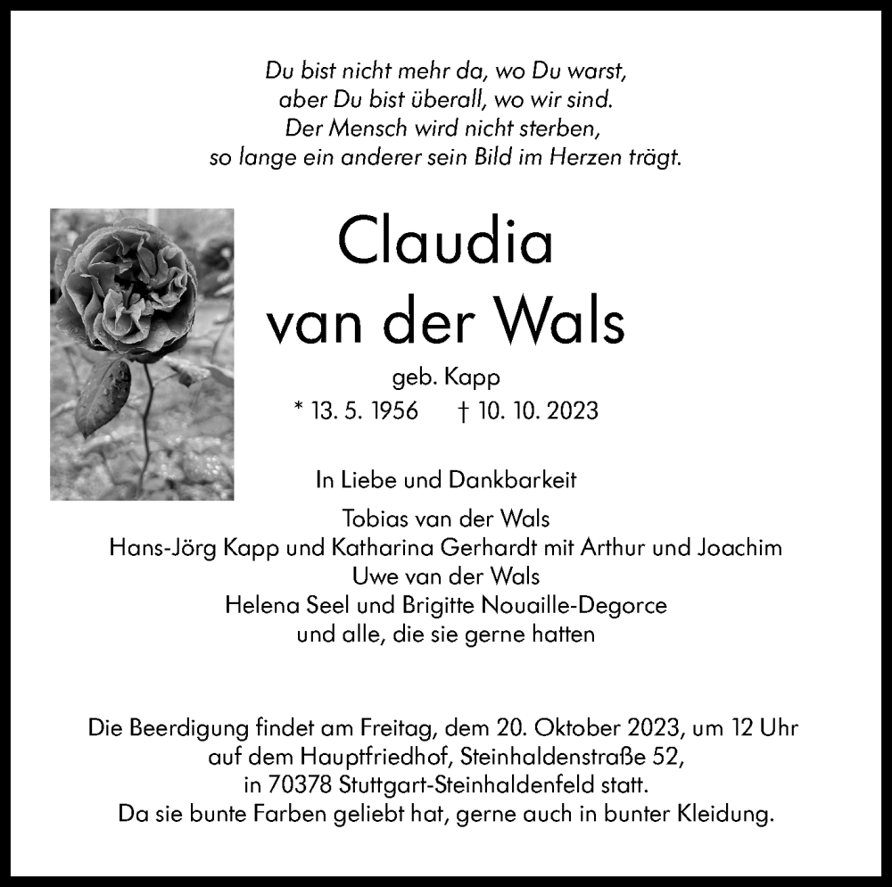  Traueranzeige für Claudia van der Wals vom 19.10.2023 aus Stuttgarter Zeitung / Stuttgarter Nachrichten