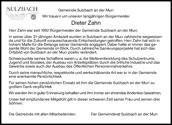 Traueranzeige von Dieter Zahn von Stuttgarter Zeitung / Stuttgarter Nachrichten
