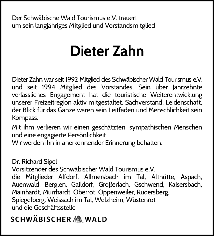  Traueranzeige für Dieter Zahn vom 20.10.2023 aus Stuttgarter Zeitung / Stuttgarter Nachrichten