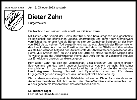 Traueranzeige von Dieter Zahn von Stuttgarter Zeitung / Stuttgarter Nachrichten