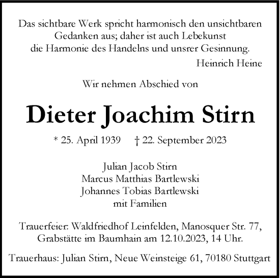 Traueranzeige von Dieter Joachim Stirn von Stuttgarter Zeitung / Stuttgarter Nachrichten