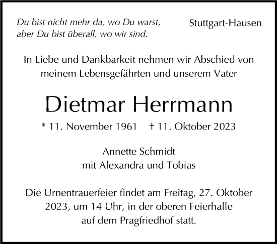 Traueranzeige von Dietmar Herrmann von Stuttgarter Zeitung / Stuttgarter Nachrichten