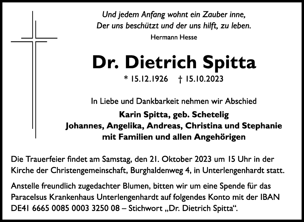  Traueranzeige für Dietrich Spitta vom 19.10.2023 aus Stuttgarter Zeitung / Stuttgarter Nachrichten