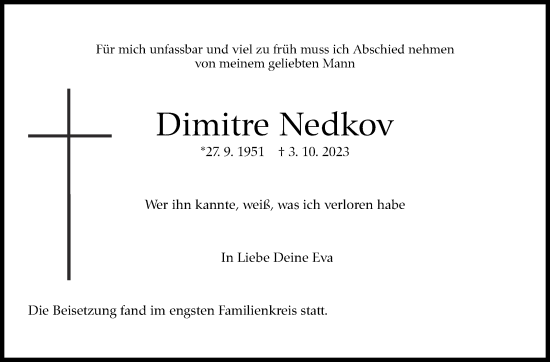 Traueranzeige von Dimitre Nedkov von Stuttgarter Zeitung / Stuttgarter Nachrichten