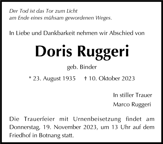 Traueranzeige von Doris Ruggeri von Stuttgarter Zeitung / Stuttgarter Nachrichten