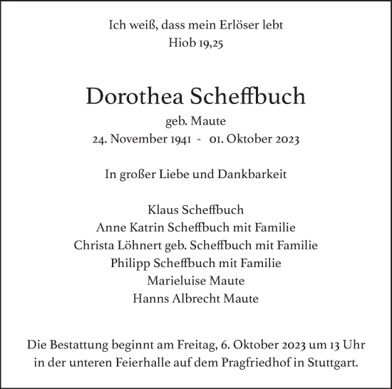 Traueranzeige von Dorothea Scheffbuch von Stuttgarter Zeitung / Stuttgarter Nachrichten