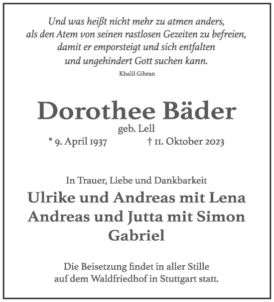 Traueranzeige von Dorothee Bäder von Stuttgarter Zeitung / Stuttgarter Nachrichten