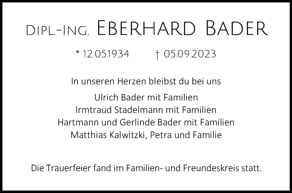  Traueranzeige für Eberhard Bader vom 21.10.2023 aus Stuttgarter Zeitung / Stuttgarter Nachrichten
