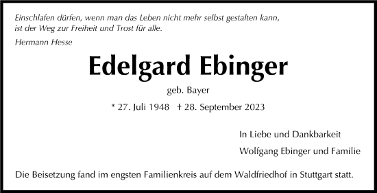 Traueranzeige von Edelgard Ebinger von Stuttgarter Zeitung / Stuttgarter Nachrichten