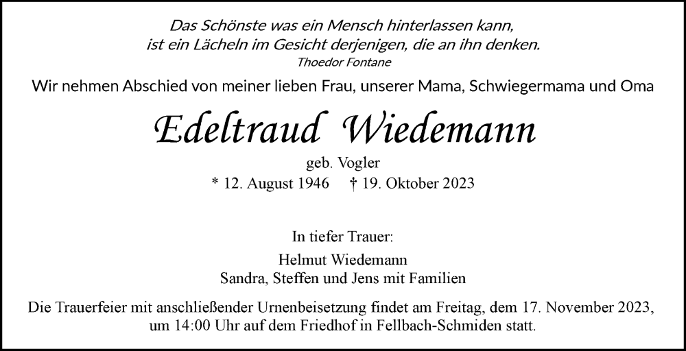  Traueranzeige für Eieltraud Wiedemann vom 27.10.2023 aus Stuttgarter Zeitung / Stuttgarter Nachrichten