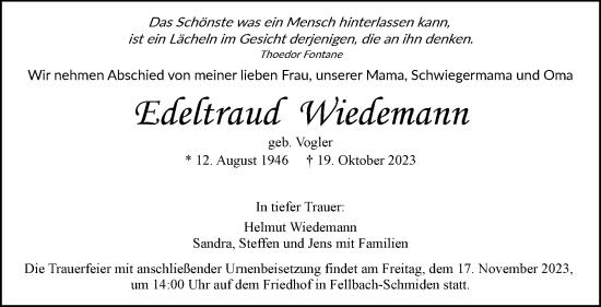 Traueranzeige von Eieltraud Wiedemann von Stuttgarter Zeitung / Stuttgarter Nachrichten
