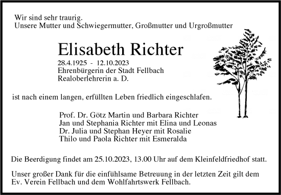 Traueranzeige von Elisabeth Richter von Stuttgarter Zeitung / Stuttgarter Nachrichten