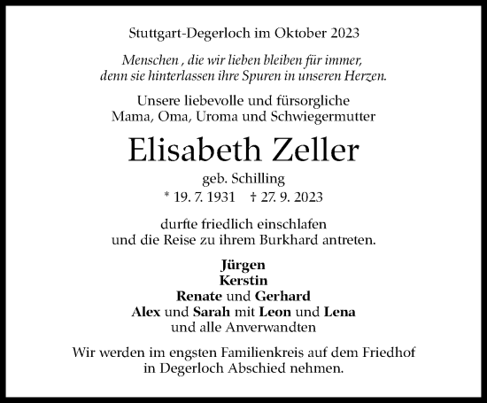 Traueranzeige von Elisabeth Zeller von Stuttgarter Zeitung / Stuttgarter Nachrichten