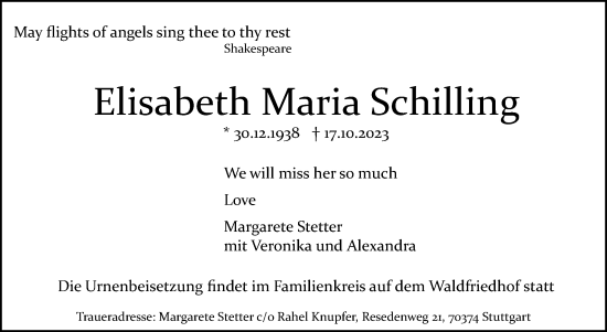Traueranzeige von Elisabeth Maria Schilling von Stuttgarter Zeitung / Stuttgarter Nachrichten