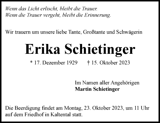 Traueranzeige von Erika Schietinger von Stuttgarter Zeitung / Stuttgarter Nachrichten