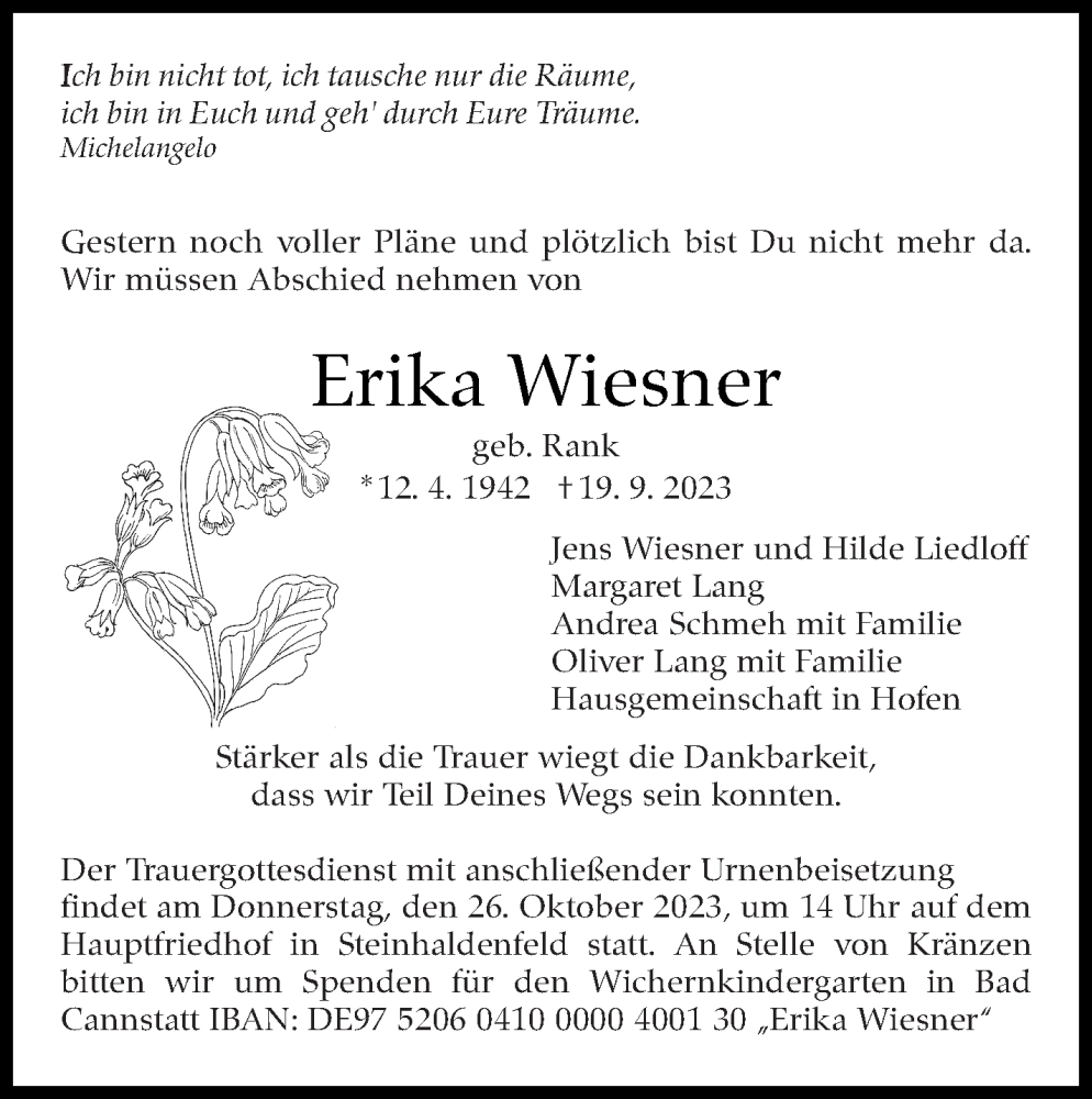  Traueranzeige für Erika Wiesner vom 13.10.2023 aus Stuttgarter Zeitung / Stuttgarter Nachrichten