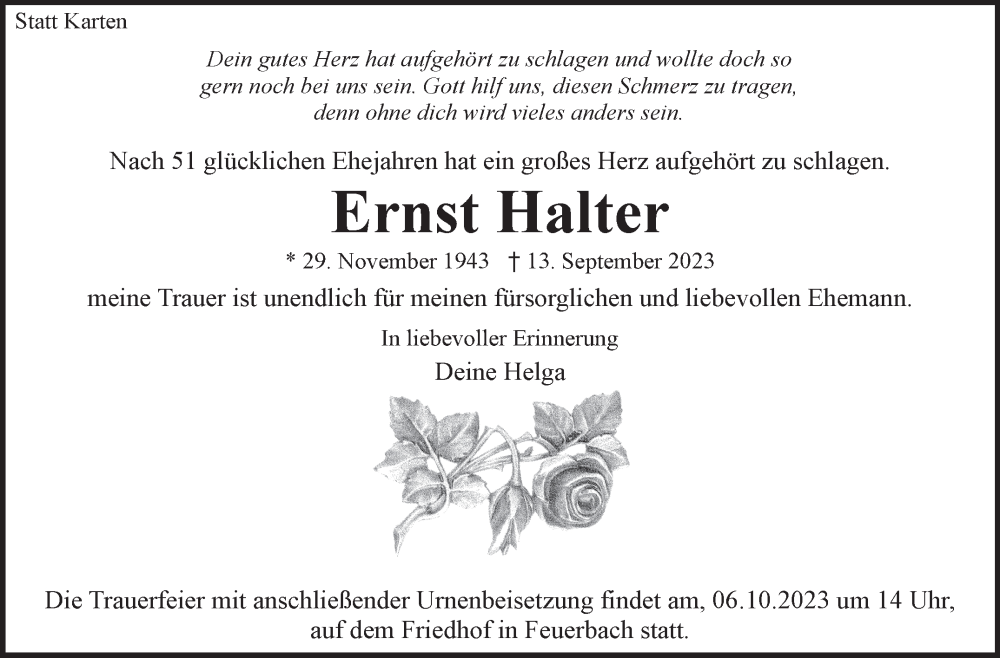  Traueranzeige für Ernst Halter vom 06.10.2023 aus Stuttgarter Zeitung / Stuttgarter Nachrichten
