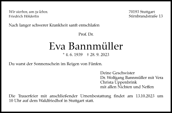 Traueranzeige von Eva Bannmüller von Stuttgarter Zeitung / Stuttgarter Nachrichten