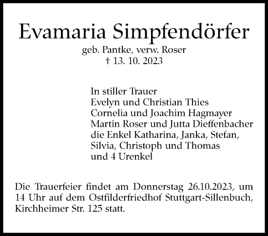 Traueranzeige von Evamaria Simpfendörfer von Stuttgarter Zeitung / Stuttgarter Nachrichten