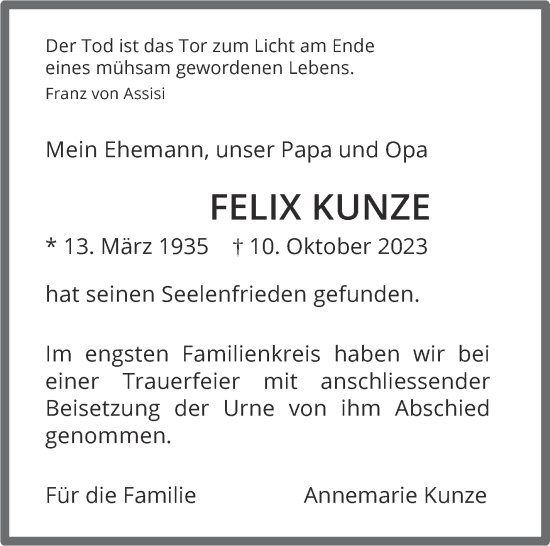 Traueranzeige von Felix Kunze von Stuttgarter Zeitung / Stuttgarter Nachrichten