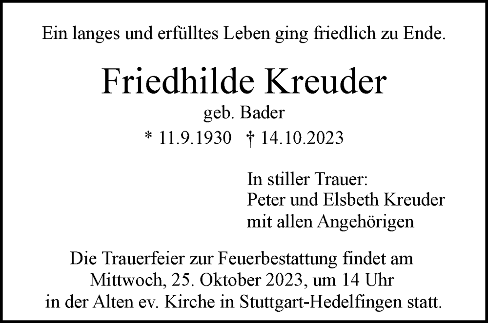  Traueranzeige für Friedhilde Kreuder vom 21.10.2023 aus Stuttgarter Zeitung / Stuttgarter Nachrichten