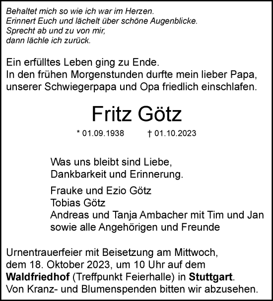 Traueranzeige von Fritz Götz von Stuttgarter Zeitung / Stuttgarter Nachrichten