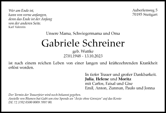 Traueranzeige von Gabriele Schreiner von Stuttgarter Zeitung / Stuttgarter Nachrichten