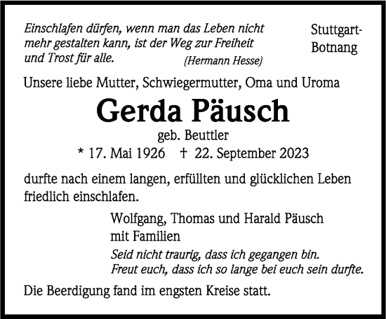Traueranzeige von Gerda Päusch von Stuttgarter Zeitung / Stuttgarter Nachrichten