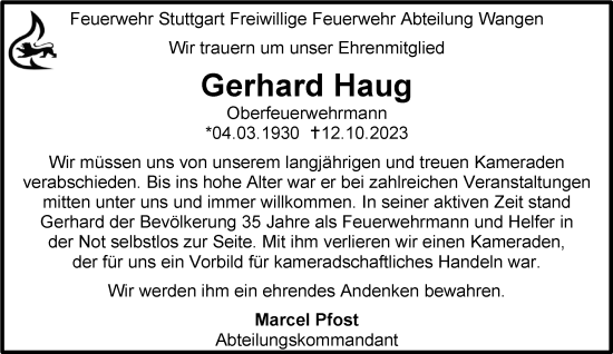 Traueranzeige von Gerhard Haug von Stuttgarter Zeitung / Stuttgarter Nachrichten