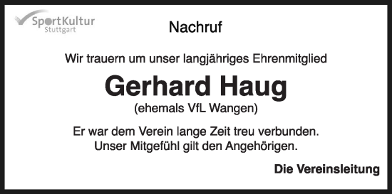 Traueranzeige von Gerhard Haug von Stuttgarter Zeitung / Stuttgarter Nachrichten